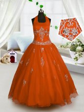 Glittering Red A-line Tulle Halter Top Sleeveless Appliques Floor Length Lace Up Flower Girl Dresses for Less