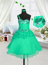 Stunning One Shoulder Turquoise Sleeveless Knee Length Beading and Hand Made Flower Lace Up Kids Pageant Dress