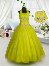 Yellow Tulle Lace Up Halter Top Sleeveless Floor Length Toddler Flower Girl Dress Appliques