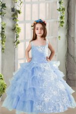 Designer Baby Blue Ball Gowns Organza Spaghetti Straps Long Sleeves Lace and Ruffled Layers Floor Length Lace Up Party Dresses