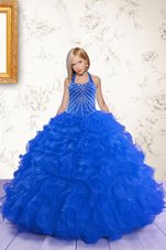 Custom Made Halter Top Royal Blue Sleeveless Floor Length Beading and Ruffles Lace Up Little Girl Pageant Dress