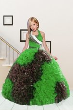 Shining Halter Top Sleeveless Floor Length Beading and Ruffles Lace Up Custom Made with Apple Green and Chocolate