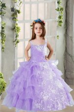 Ruffled Floor Length Ball Gowns Sleeveless Lavender Flower Girl Dress Lace Up