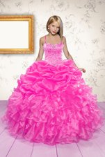 Glamorous Floor Length Hot Pink Toddler Flower Girl Dress Organza Sleeveless Beading and Ruffles and Pick Ups