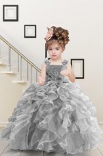 Dazzling Sleeveless Floor Length Beading and Ruffles Lace Up Flower Girl Dress with Grey