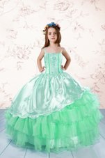 Ruffled Spaghetti Straps Sleeveless Lace Up Juniors Party Dress Apple Green Organza