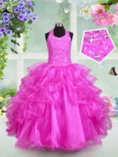 Fine Hot Pink Ball Gowns Organza Sweetheart Sleeveless Beading and Pick Ups Floor Length Lace Up Flower Girl Dress