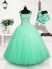 Cheap Teal Ball Gowns Tulle Straps Sleeveless Beading and Belt Floor Length Lace Up Little Girl Pageant Dress