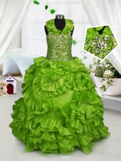 Elegant Halter Top Sleeveless Flower Girl Dresses for Less Floor Length Beading and Ruffles Olive Green Taffeta