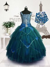 Wonderful Teal Ball Gowns Beading and Belt Party Dress for Girls Lace Up Tulle Sleeveless Floor Length