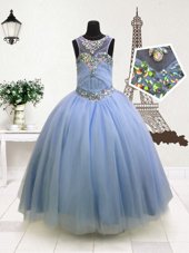 Spectacular Scoop Light Blue Organza Zipper Flower Girl Dress Sleeveless Floor Length Beading and Ruffles