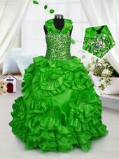 Halter Top Floor Length Zipper Little Girl Pageant Dress for Party and Wedding Party with Beading and Ruffles