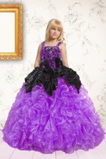 Glamorous Black and Purple Sleeveless Beading and Ruffles Floor Length Toddler Flower Girl Dress