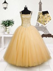 Orange Sleeveless Floor Length Beading and Sequins Lace Up Womens Party Dresses