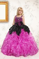 Black and Hot Pink Sleeveless Beading and Ruffles Floor Length Party Dress for Toddlers