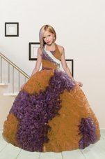 Ideal Halter Top Purple and Orange Sleeveless Beading and Ruffles Floor Length Child Pageant Dress