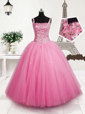 Classical Baby Pink Ball Gowns Straps Sleeveless Tulle Floor Length Lace Up Beading and Sequins Little Girls Pageant Dress