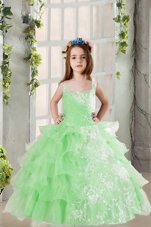 Spectacular Apple Green Square Lace Up Lace and Ruffled Layers Pageant Gowns For Girls Sleeveless