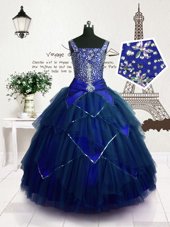 Floor Length Royal Blue Little Girl Pageant Gowns Tulle Sleeveless Beading and Belt