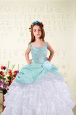 Aqua Blue Ball Gowns Organza Straps Sleeveless Beading and Ruffled Layers and Hand Made Flower Floor Length Lace Up Toddler Flower Girl Dress