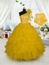 One Shoulder Floor Length Side Zipper Party Dresses Gold and In for Party and Wedding Party with Embroidery and Ruffles