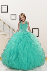 Noble Halter Top Sleeveless Floor Length Beading and Ruffles Lace Up Girls Pageant Dresses with Turquoise