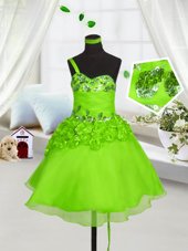 Simple One Shoulder Neckline Beading and Hand Made Flower Party Dress for Girls Sleeveless Lace Up