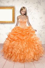 Sleeveless Organza Floor Length Lace Up Party Dress for Toddlers in Orange for with Beading and Ruffles and Pick Ups