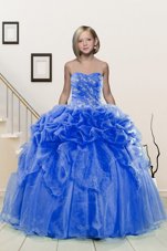 Sweetheart Sleeveless Party Dress for Toddlers Floor Length Beading and Pick Ups Blue Organza