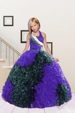 Captivating Halter Top Beading and Ruffles Little Girls Pageant Gowns Dark Green and Eggplant Purple Lace Up Sleeveless Floor Length