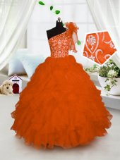 One Shoulder Floor Length Orange Child Pageant Dress Organza Sleeveless Embroidery and Ruffles