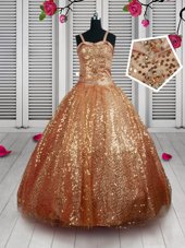 Rust Red Sleeveless Beading and Sequins Floor Length Girls Pageant Dresses
