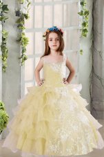 Organza Square Sleeveless Lace Up Lace and Ruffled Layers Kids Pageant Dress in Light Yellow