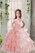 Beautiful Baby Pink Organza Lace Up Square Sleeveless Floor Length Flower Girl Dresses for Less Lace and Ruffled Layers