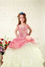 Pretty Ruffled Floor Length Pink Toddler Flower Girl Dress Straps Sleeveless Lace Up
