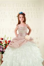 Comfortable Floor Length Peach Child Pageant Dress Organza Sleeveless Beading and Ruffled Layers and Hand Made Flower