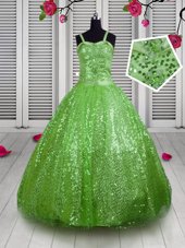 Romantic Sequins Floor Length Apple Green Flower Girl Dresses for Less Straps Sleeveless Lace Up