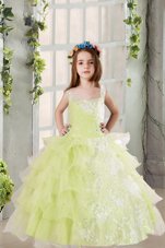Light Yellow Ball Gowns Square Sleeveless Organza Floor Length Lace Up Lace and Ruffled Layers Little Girls Pageant Gowns