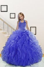 Blue Flower Girl Dresses Party and Wedding Party and For with Beading and Ruffles Halter Top Sleeveless Lace Up