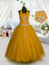 New Style Halter Top Tulle Sleeveless Floor Length Child Pageant Dress and Appliques