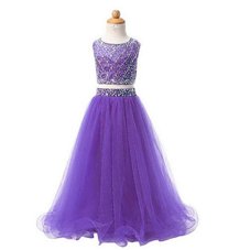 Lavender Organza Zipper Scoop Sleeveless Floor Length Toddler Flower Girl Dress Beading