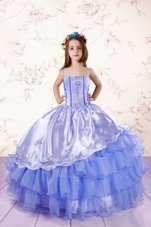 Baby Blue Ball Gowns Spaghetti Straps Sleeveless Organza Floor Length Lace Up Embroidery and Ruffled Layers Teens Party Dress