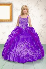 Perfect Purple Satin Lace Up Spaghetti Straps Sleeveless Floor Length Little Girls Pageant Dress Beading and Appliques and Pick Ups