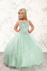 Comfortable Sleeveless Tulle Floor Length Lace Up Flower Girl Dress in Apple Green for with Beading