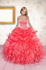 Organza Spaghetti Straps Sleeveless Lace Up Beading and Ruffles and Pick Ups Flower Girl Dresses in Coral Red