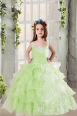 Graceful Lavender Organza Lace Up Square Sleeveless Floor Length Pageant Gowns For Girls Lace and Ruffled Layers