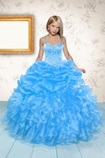 Beading and Ruffles and Pick Ups Flower Girl Dress Baby Blue Lace Up Sleeveless Floor Length