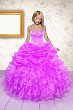 Inexpensive Floor Length Hot Pink Little Girls Pageant Dress Organza Sleeveless Beading and Ruffles and Pick Ups