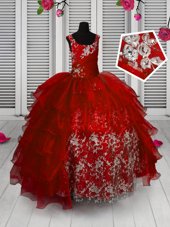 Red Ball Gowns Straps Sleeveless Organza Floor Length Lace Up Appliques and Ruffled Layers Kids Pageant Dress