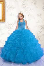Colorful Mermaid Halter Top Sleeveless Toddler Flower Girl Dress Floor Length Beading and Ruffles Aqua Blue Organza